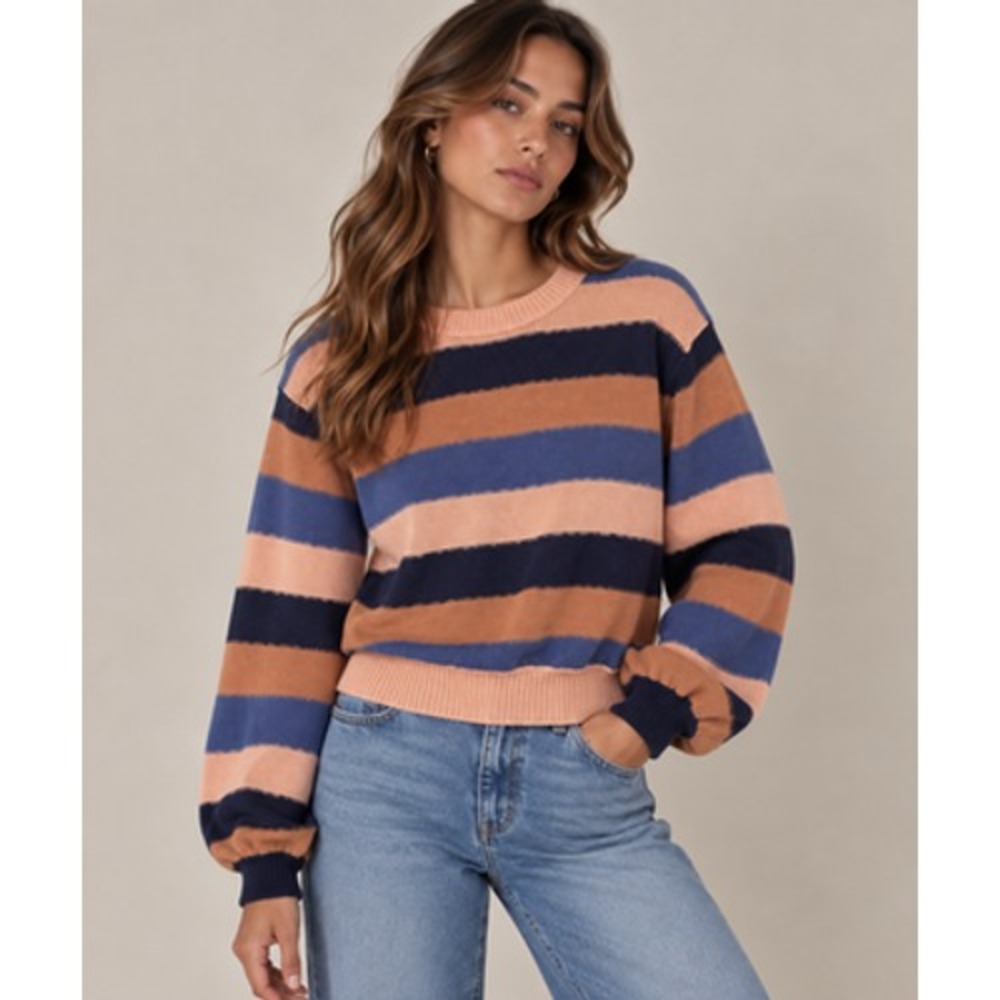 Roxy Sweater Womens Large Stripe Crew Neck Balloon Sleeve Knit Boxy Pullover